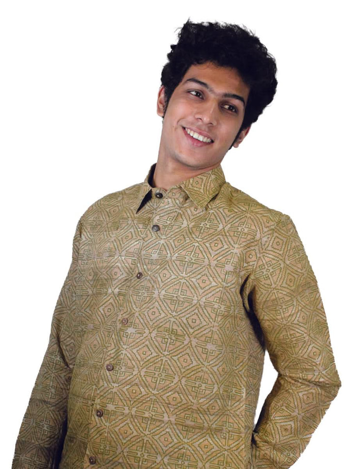 Men's Shirt in Pure Gicha Tussar in Khahi color with Hand Block Print | SILK MARK  CERTIFIED