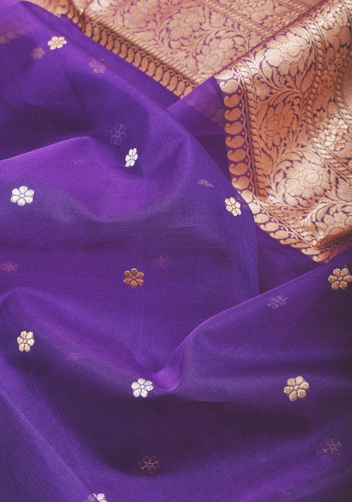 Dark Purple Pure Banarasi Kora Silk Saree with Sona Rupa Floral Buttas and Zari Border | SILK MARK CERTIFIED