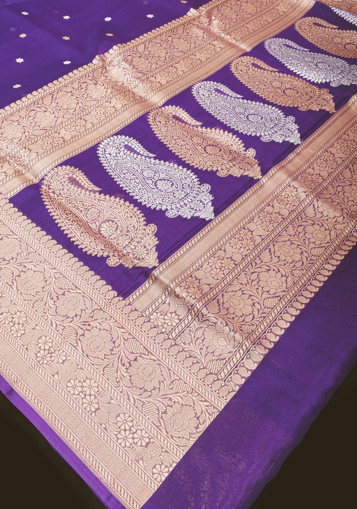 Dark Purple Pure Banarasi Kora Silk Saree with Sona Rupa Floral Buttas and Zari Border | SILK MARK CERTIFIED