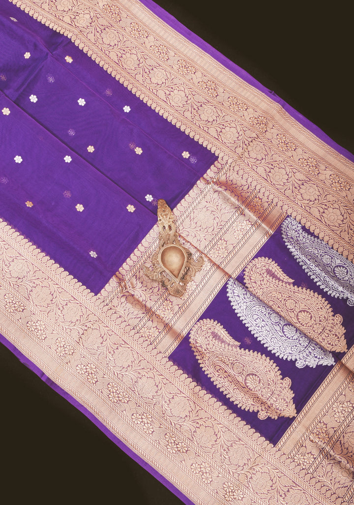 Dark Purple Pure Banarasi Kora Silk Saree with Sona Rupa Floral Buttas and Zari Border | SILK MARK CERTIFIED