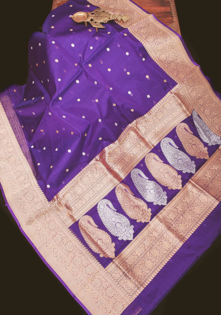 Dark Purple Pure Banarasi Kora Silk Saree with Sona Rupa Floral Buttas and Zari Border | SILK MARK CERTIFIED
