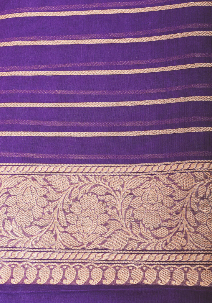 Dark Purple Pure Banarasi Kora Silk Saree with Sona Rupa Floral Buttas and Zari Border | SILK MARK CERTIFIED