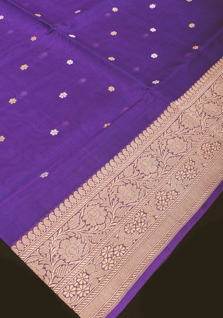 Dark Purple Pure Banarasi Kora Silk Saree with Sona Rupa Floral Buttas and Zari Border | SILK MARK CERTIFIED