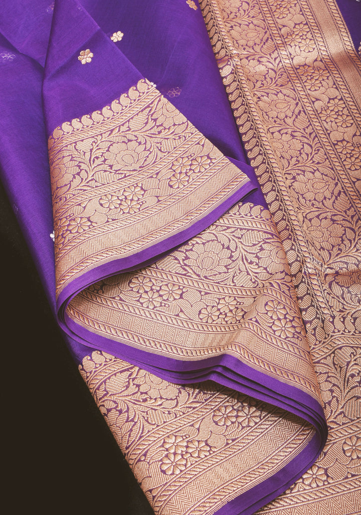 Dark Purple Pure Banarasi Kora Silk Saree with Sona Rupa Floral Buttas and Zari Border | SILK MARK CERTIFIED