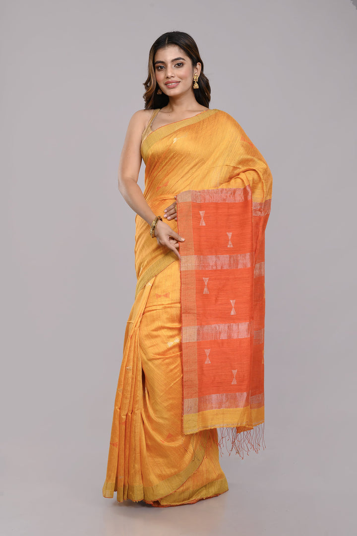 Yellow Jamdani  Matka Silk Saree with Orange Pallu