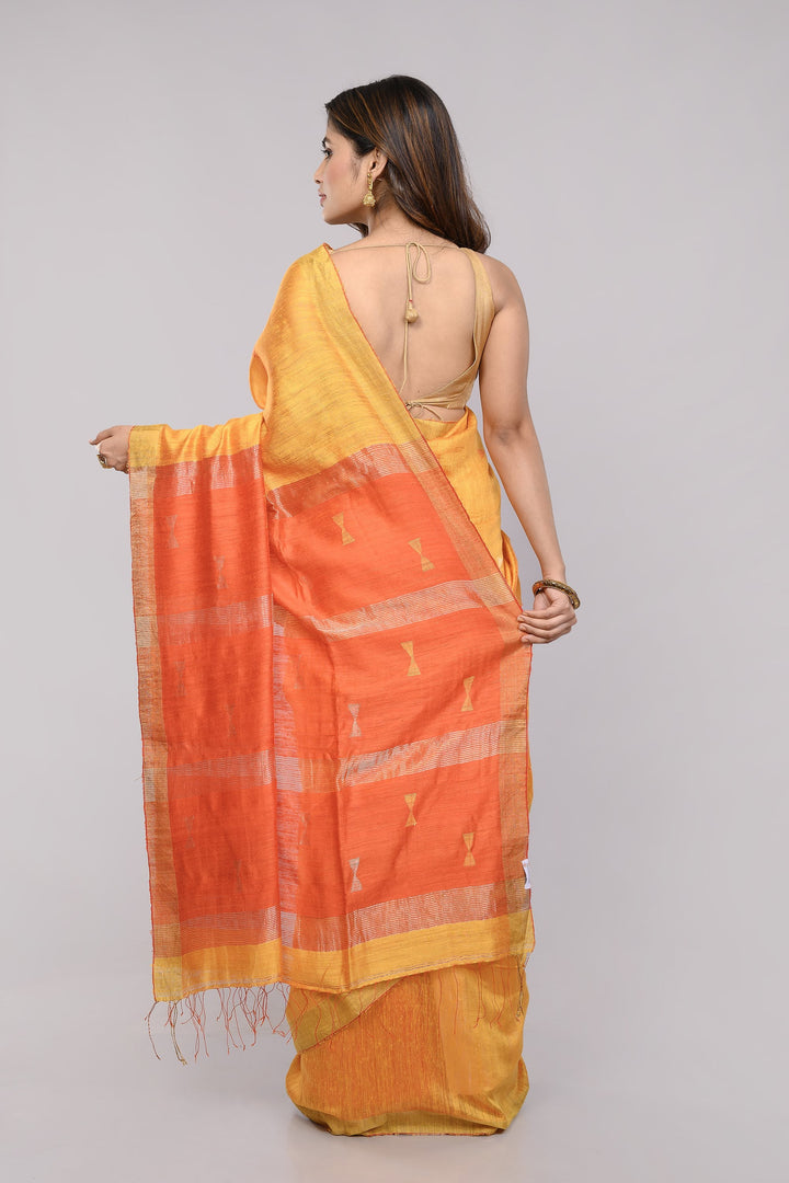 Yellow Jamdani  Matka Silk Saree with Orange Pallu