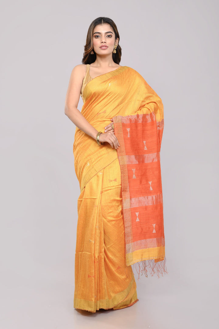 Yellow Jamdani  Matka Silk Saree with Orange Pallu