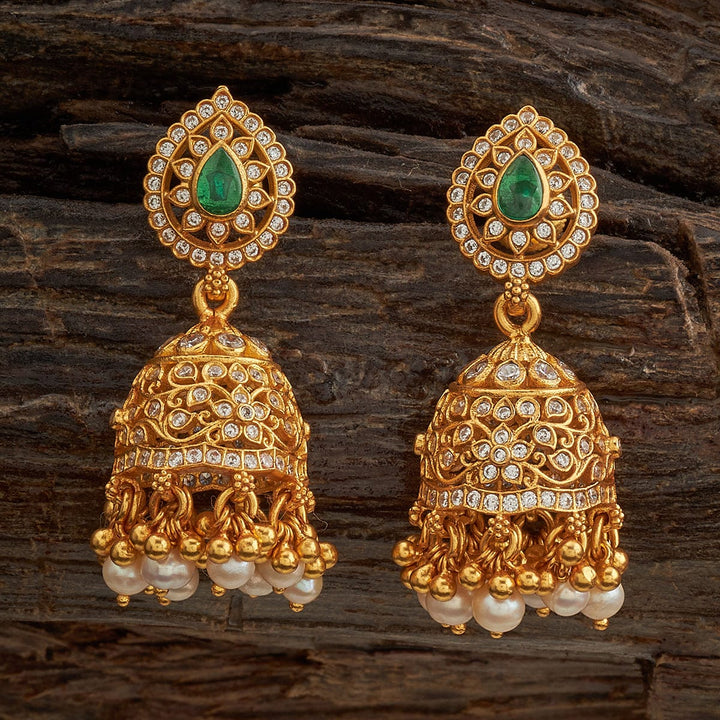 Pure 92.5 Silver Traditional Jhumkas with Emerald Center, White Stones, and Dangling Beads