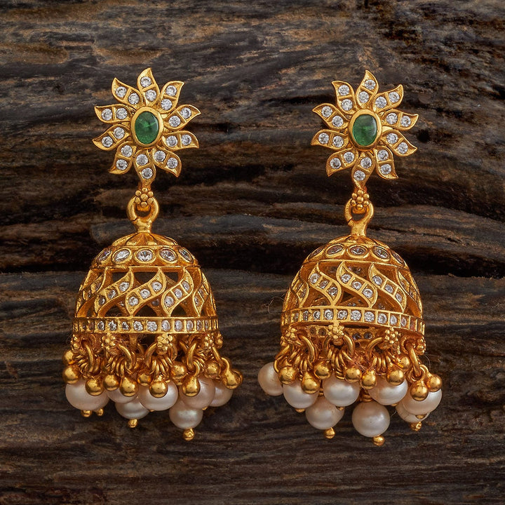 Pure 92.5 Silver Gold-Plated CZ Stone Jhumkas with Emerald Center and Pearl Danglings