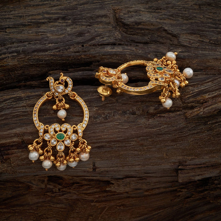 Pure 92.5 Silver Gold-Plated White Stones Peacock Motif Earrings with Green and Dangling Pearls