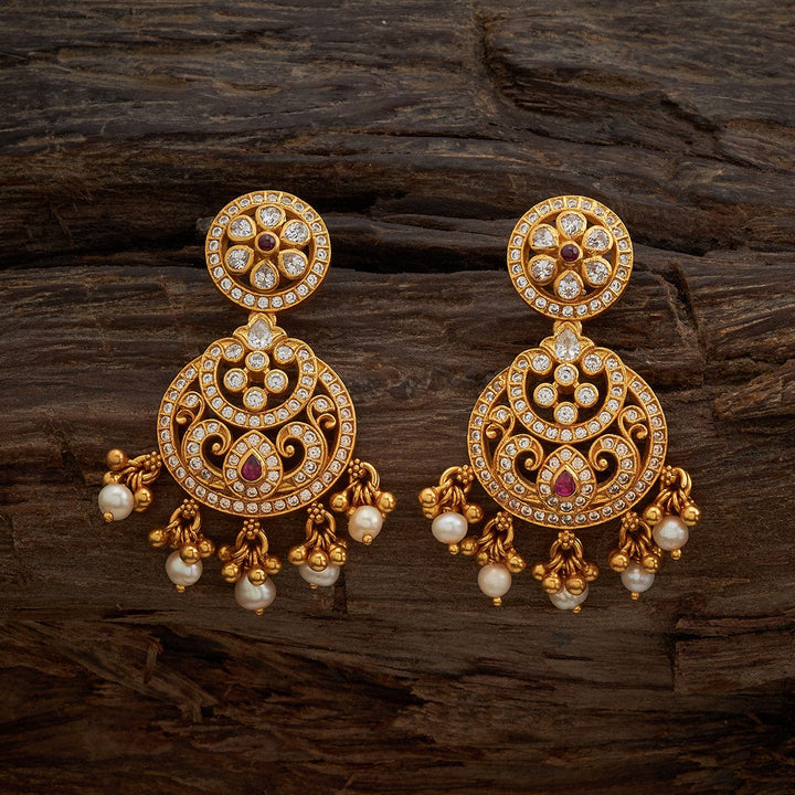 Pure 92.5 Silver Antique Finish CZ Earrings with Ruby and Pearl Danglings