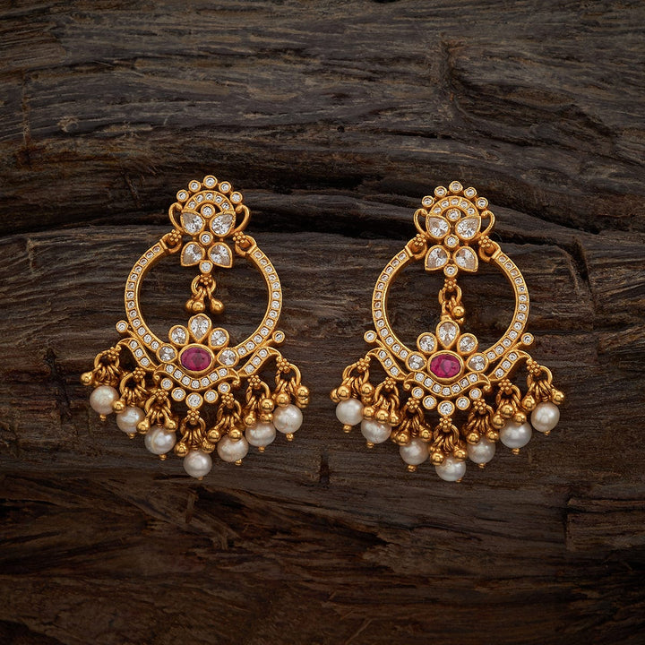 Pure 92.5 Silver Gold-Plated CZ Hoop Earrings with Red Stone and Pearl Danglings