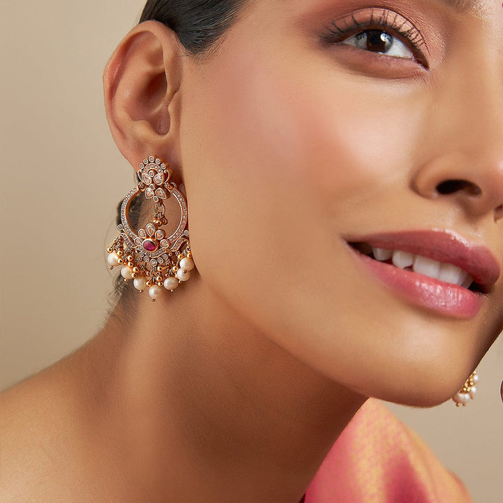 Pure 92.5 Silver Gold-Plated CZ Hoop Earrings with Red Stone and Pearl Danglings