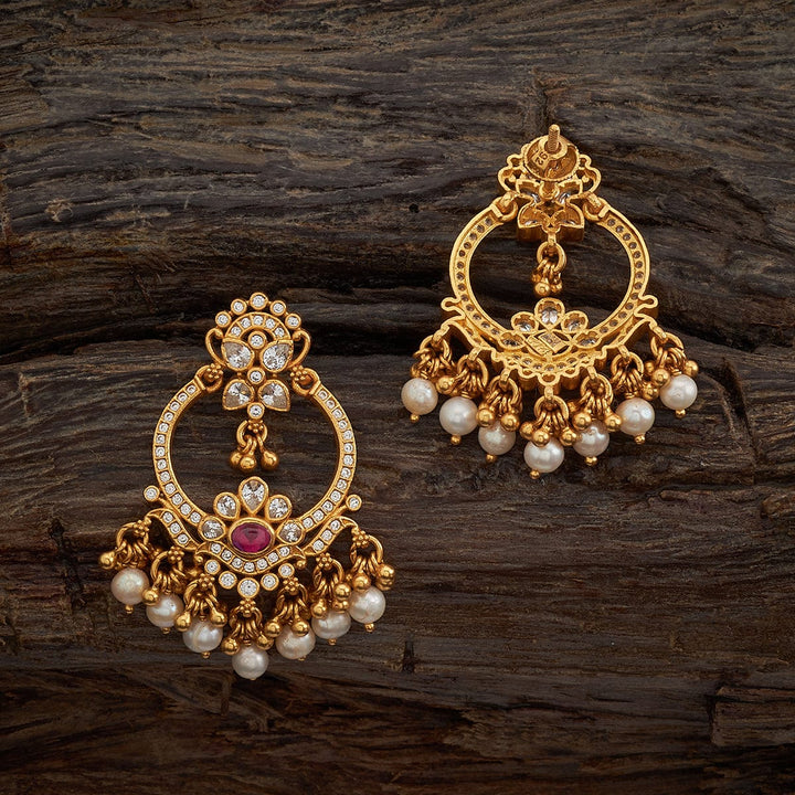 Pure 92.5 Silver Gold-Plated CZ Hoop Earrings with Red Stone and Pearl Danglings