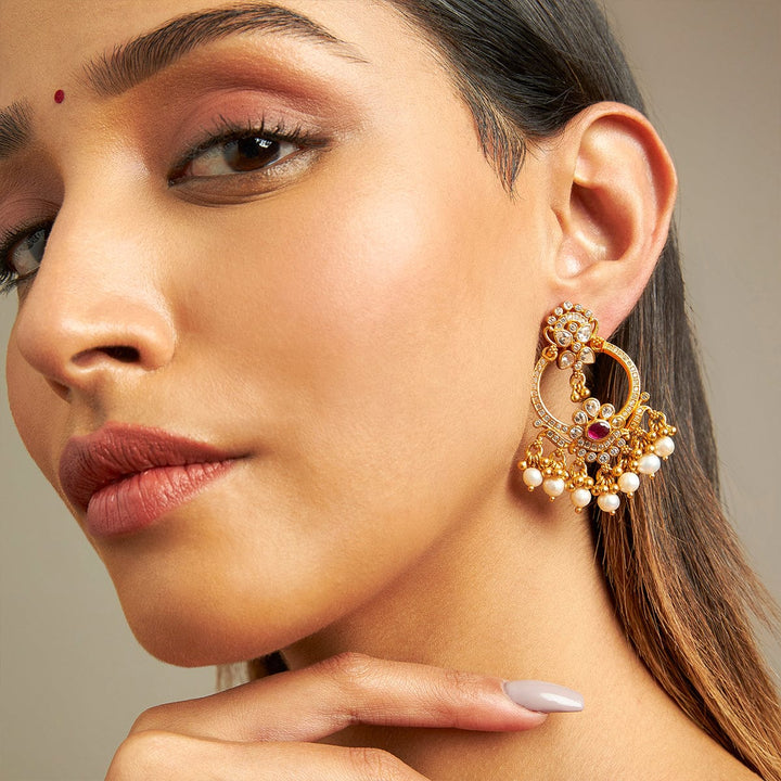 Pure 92.5 Silver Gold-Plated CZ Hoop Earrings with Red Stone and Pearl Danglings