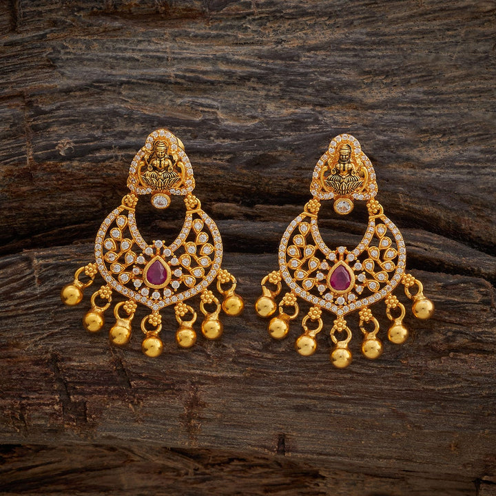 92.5 Pure Silver Goddess Lakshmi Temple Earring With CZ Stone And Dangling Beads