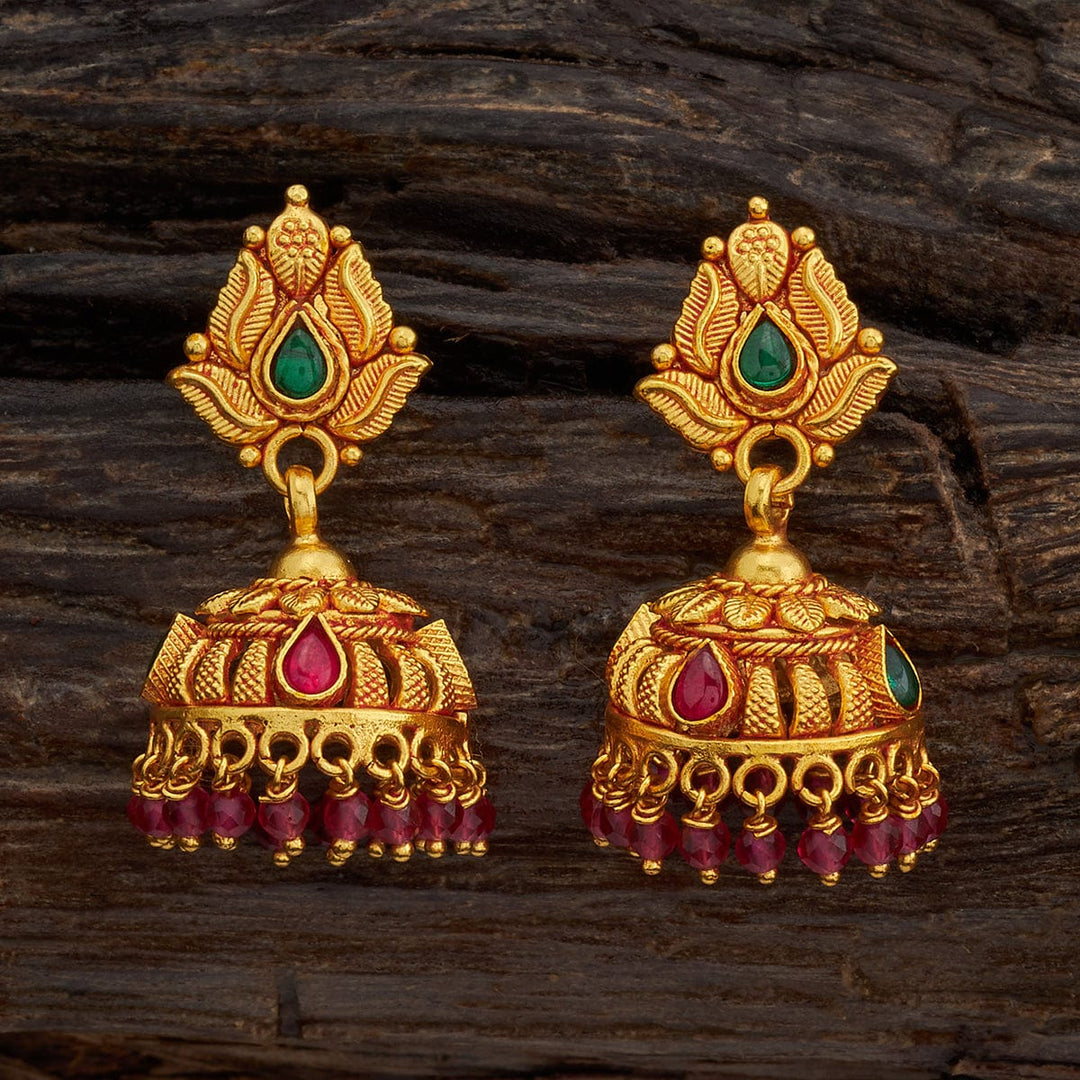 Pure 92.5 Silver Antique Finish Jhumkas with Red and Green Stone Details and Dangling Beads