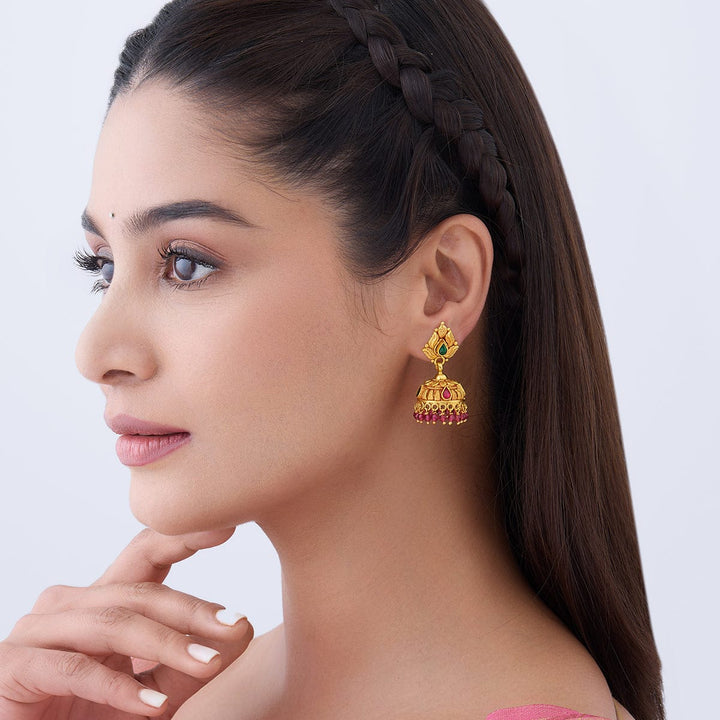 Pure 92.5 Silver Antique Finish Jhumkas with Red and Green Stone Details and Dangling Beads