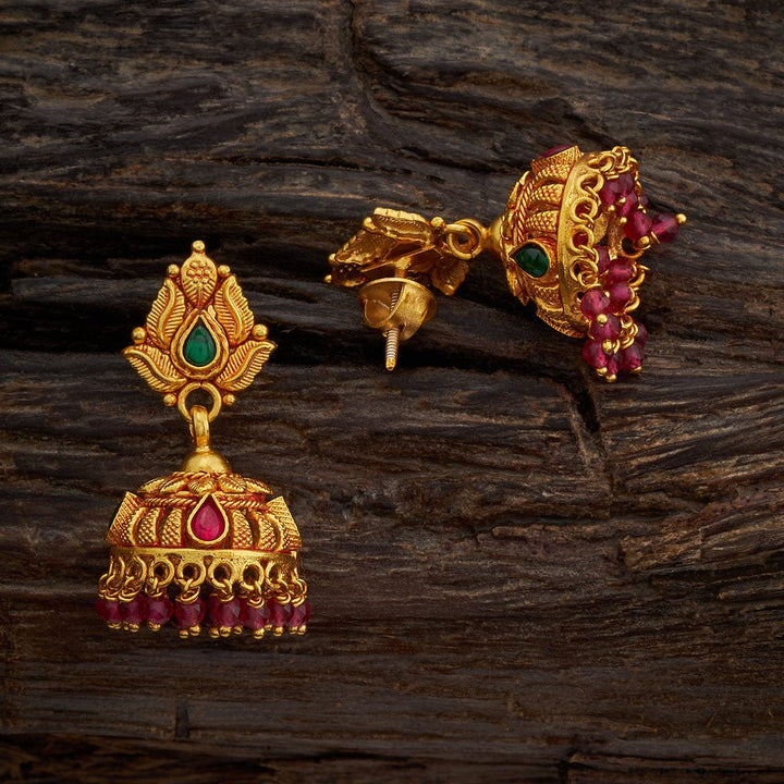 Pure 92.5 Silver Antique Finish Jhumkas with Red and Green Stone Details and Dangling Beads