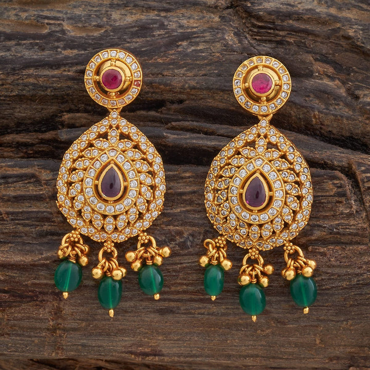 Pure 92.5 Silver Gold-Plated CZ Earrings with Teardrop Center and Dangling Beads