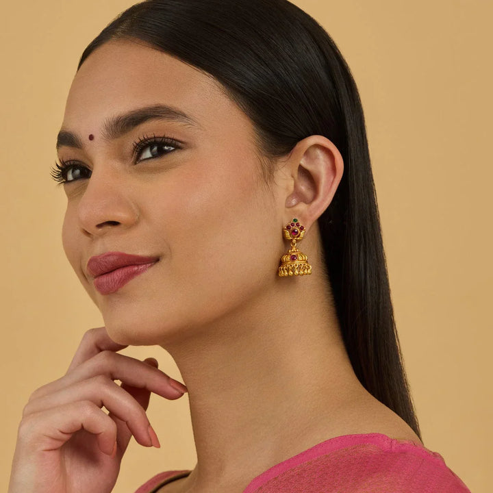 Pure 92.5 Silver Antique Finish Temple Jhumkas with Gemstone Details