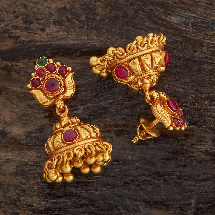 Pure 92.5 Silver Antique Finish Temple Jhumkas with Gemstone Details