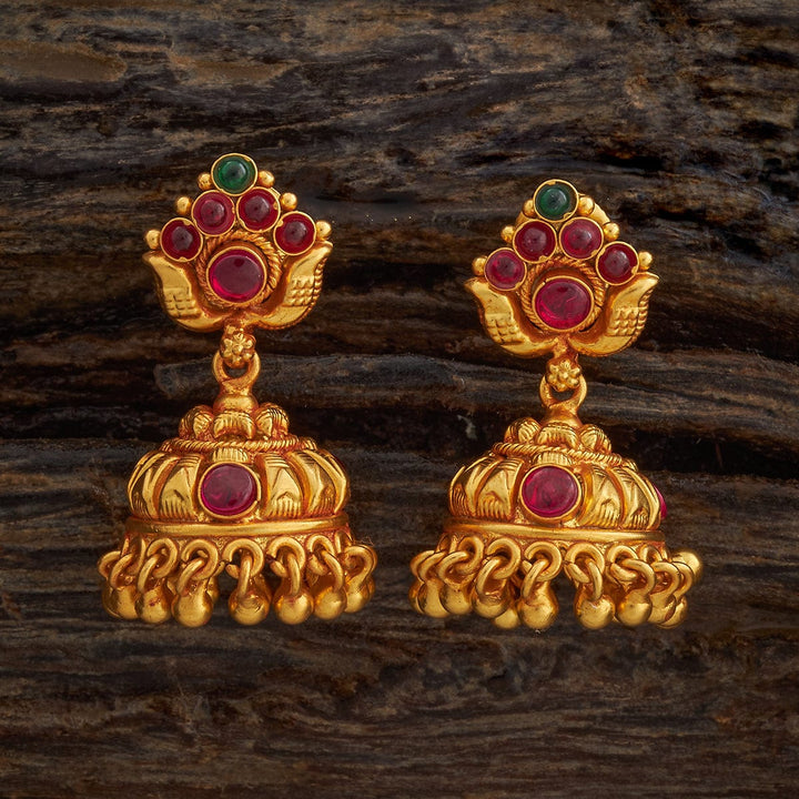 Pure 92.5 Silver Antique Finish Temple Jhumkas with Gemstone Details