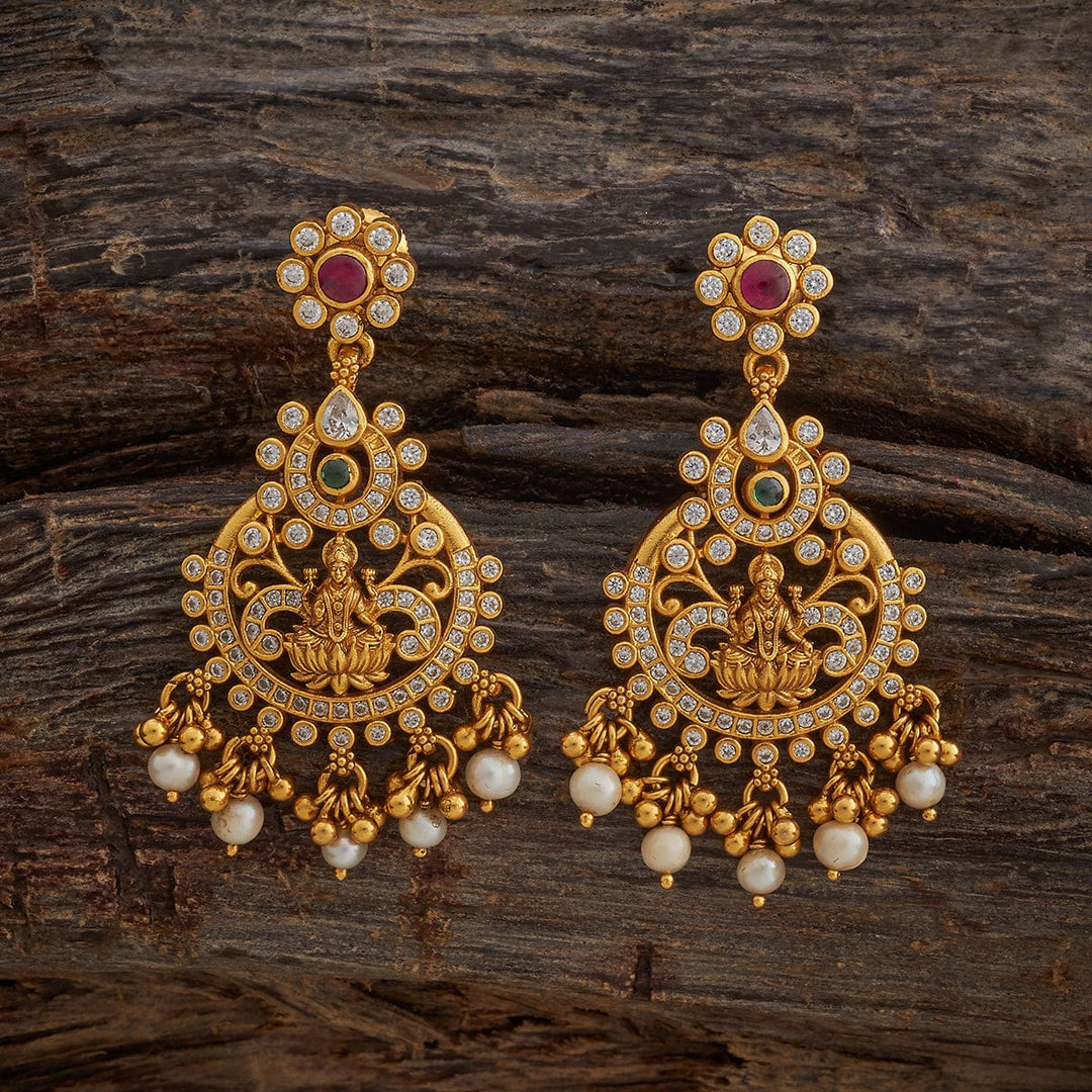 92.5 Pure Silver Goddess Lakshmi Temple Earring With CZ Stone And Dangling Beads & Pearls