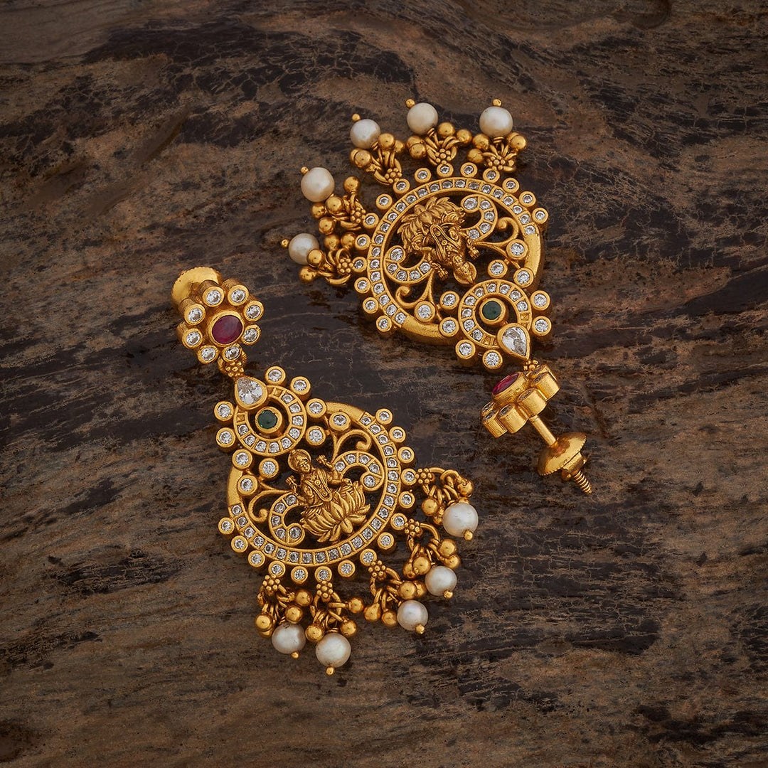 92.5 Pure Silver Goddess Lakshmi Temple Earring With CZ Stone And Dangling Beads & Pearls