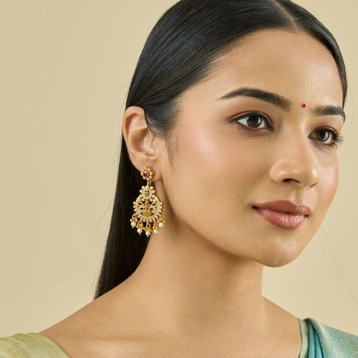 92.5 Pure Silver Goddess Lakshmi Temple Earring With CZ Stone And Dangling Beads & Pearls