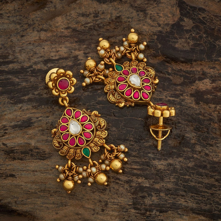 92.5 Pure Silver Temple Earring With Dangling Beads And Pearls