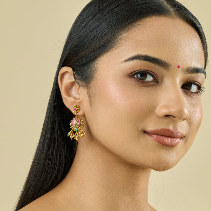 92.5 Pure Silver Temple Earring With Dangling Beads And Pearls