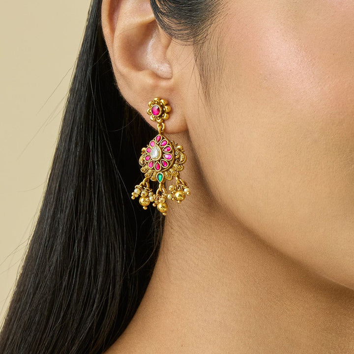 92.5 Pure Silver Temple Earring With Dangling Beads And Pearls