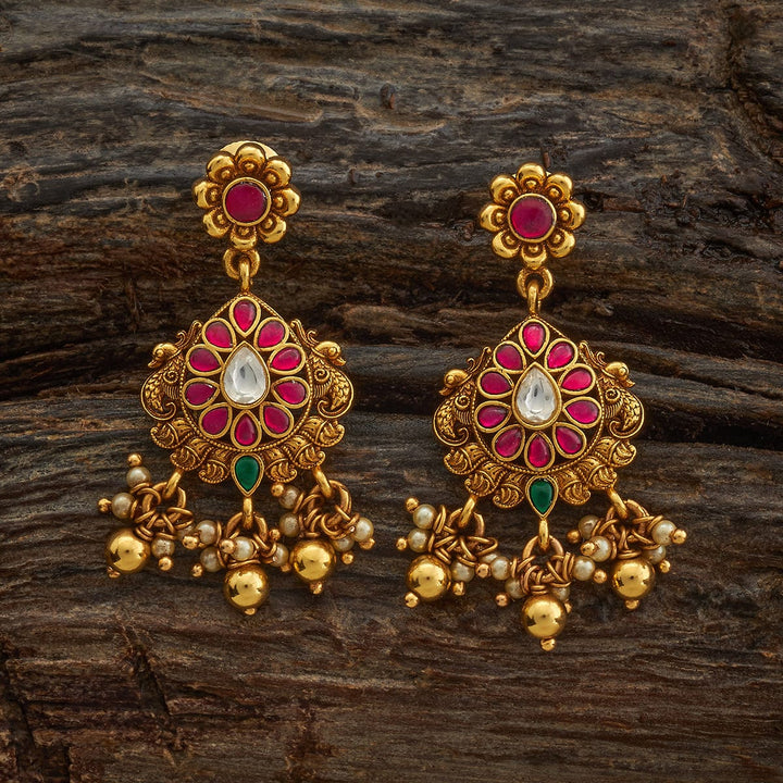 92.5 Pure Silver Temple Earring With Dangling Beads And Pearls