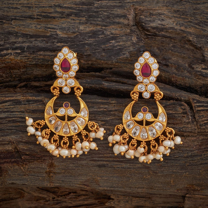 Pure 92.5 Silver CZ Chandbali Earrings with Ruby Accent and Pearl Drops