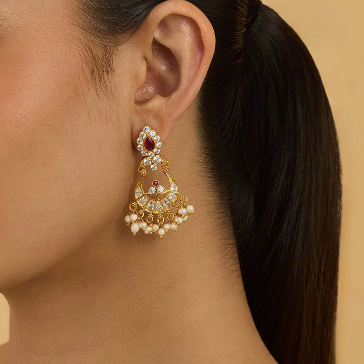 Pure 92.5 Silver CZ Chandbali Earrings with Ruby Accent and Pearl Drops