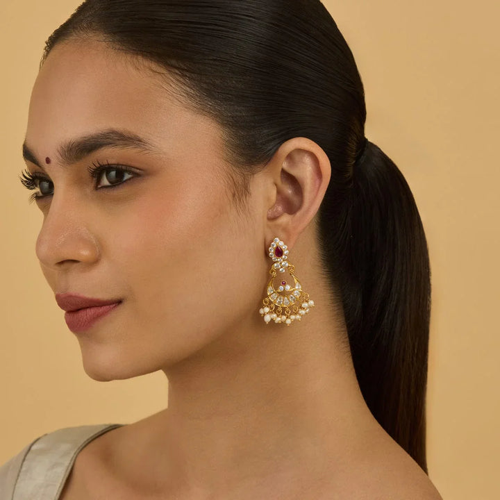 Pure 92.5 Silver CZ Chandbali Earrings with Ruby Accent and Pearl Drops