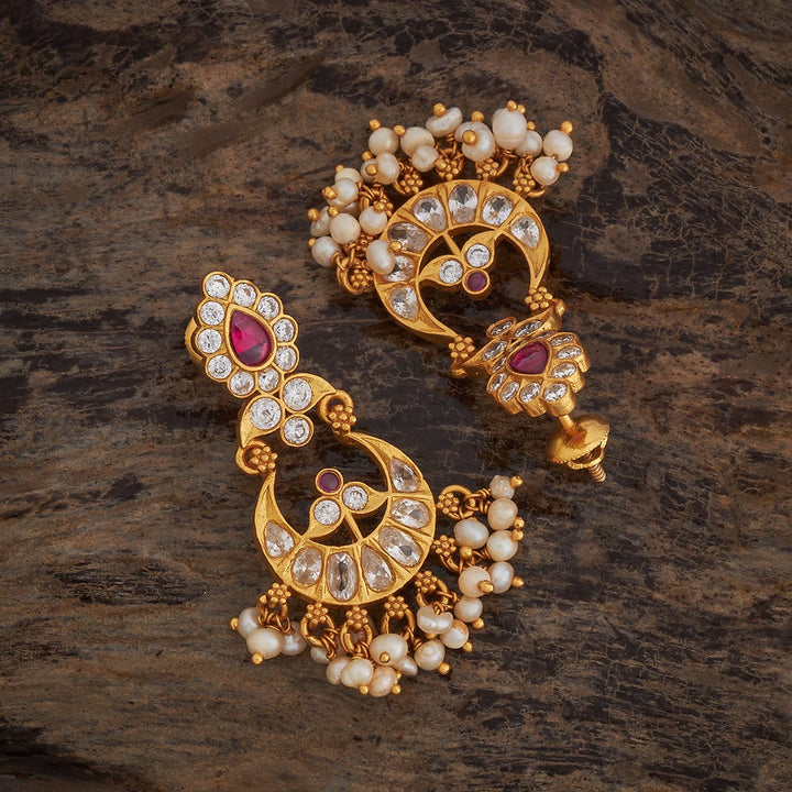 Pure 92.5 Silver CZ Chandbali Earrings with Ruby Accent and Pearl Drops