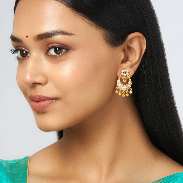 Pure 92.5 Silver Statement Chandbali Earrings with Gemstone and Gold Bead Drops