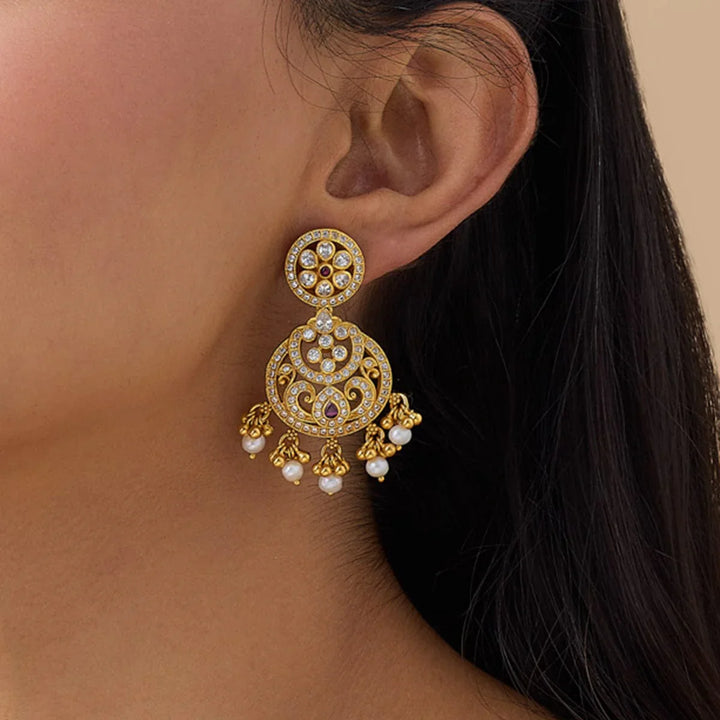 Pure 92.5 Silver Antique Finish CZ Earrings with Ruby and Pearl Danglings