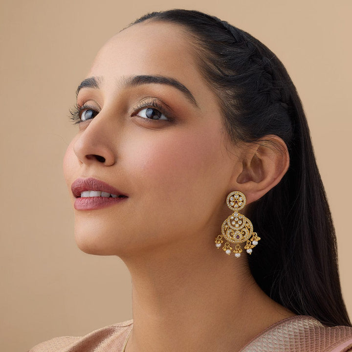 Pure 92.5 Silver Antique Finish CZ Earrings with Ruby and Pearl Danglings