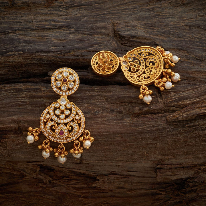 Pure 92.5 Silver Antique Finish CZ Earrings with Ruby and Pearl Danglings