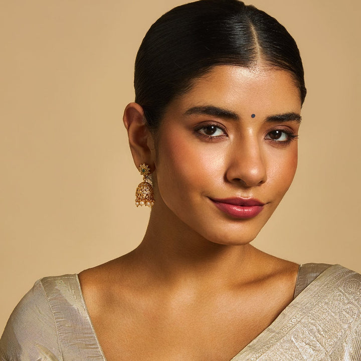 Pure 92.5 Silver Gold-Plated CZ Stone Jhumkas with Emerald Center and Pearl Danglings
