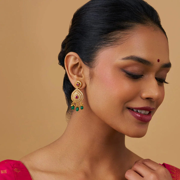 Pure 92.5 Silver Gold-Plated CZ Earrings with Teardrop Center and Dangling Beads