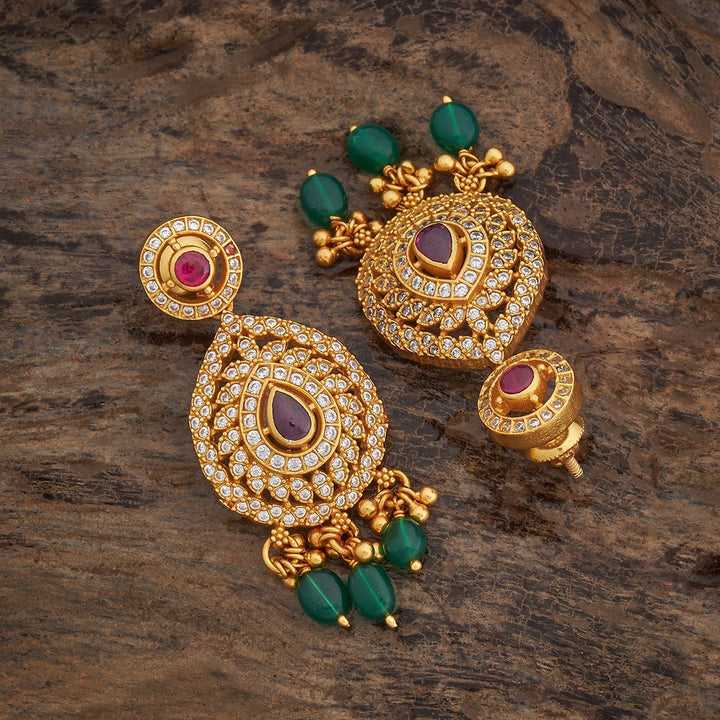 Pure 92.5 Silver Gold-Plated CZ Earrings with Teardrop Center and Dangling Beads