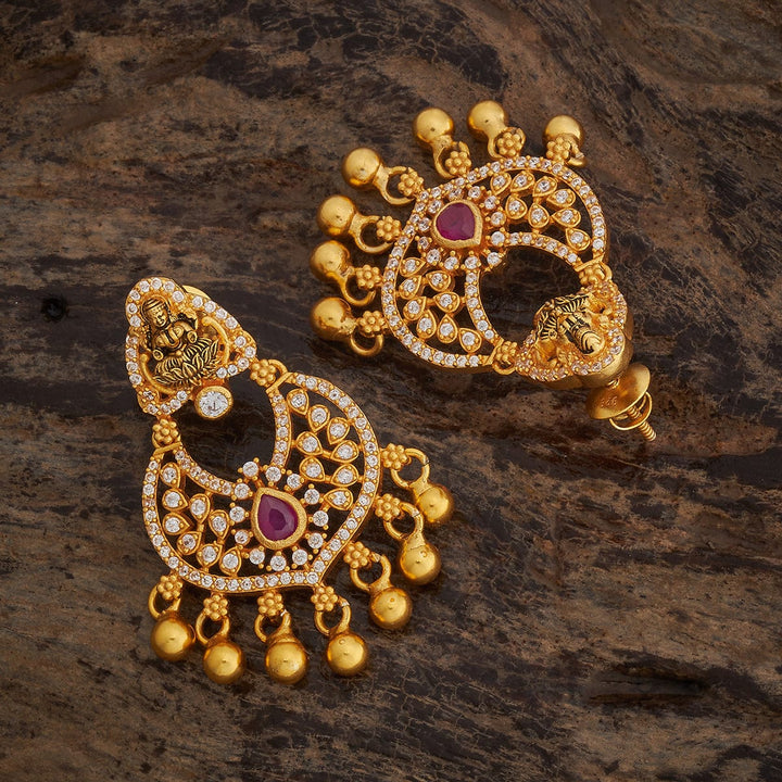 92.5 Pure Silver Goddess Lakshmi Temple Earring With CZ Stone And Dangling Beads