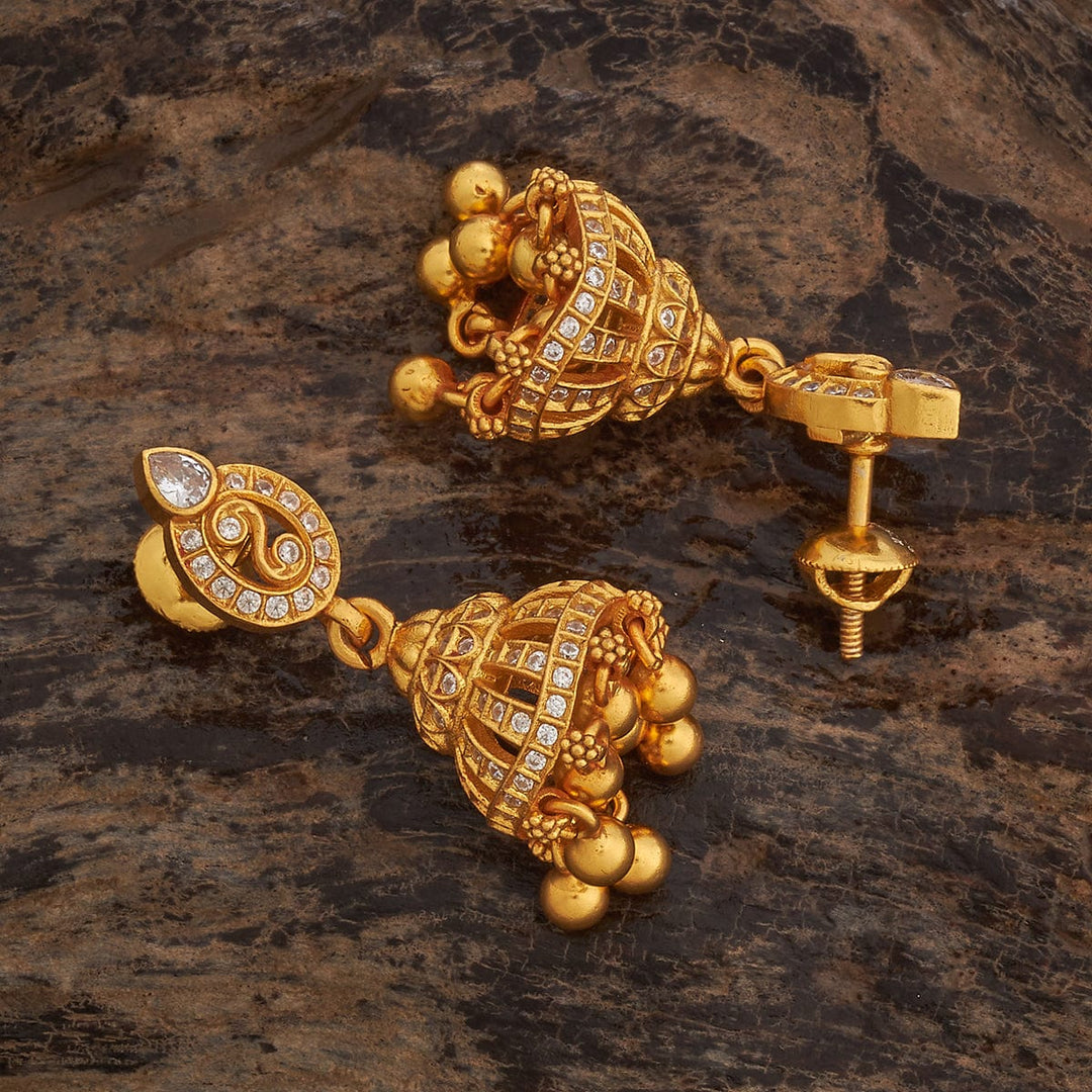 92.5 Pure Silver Temple Jhumkas With CZ Stone And Dangling Beads