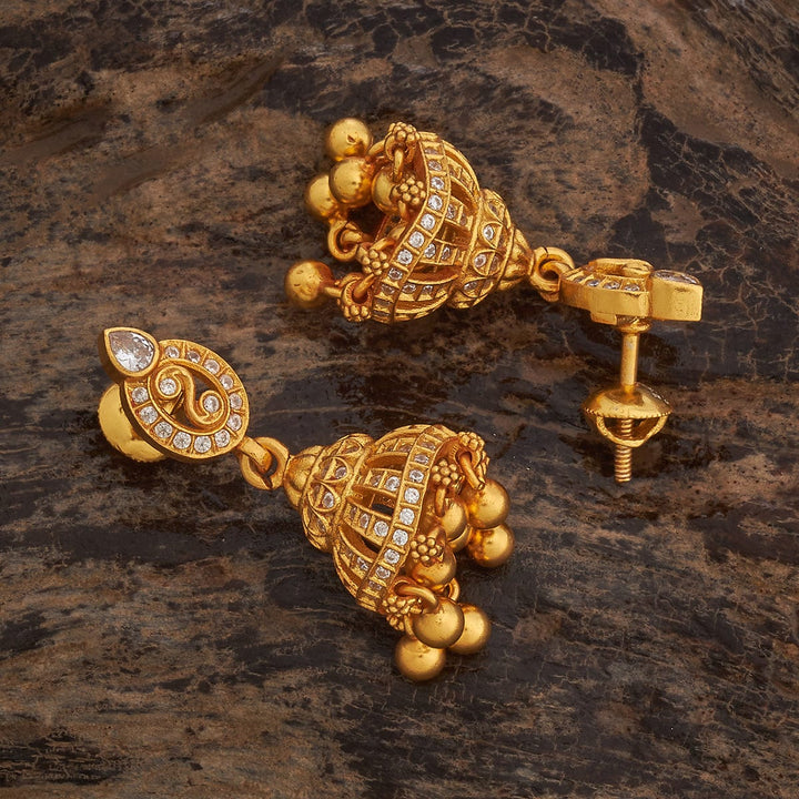 92.5 Pure Silver Temple Jhumkas With CZ Stone And Dangling Beads