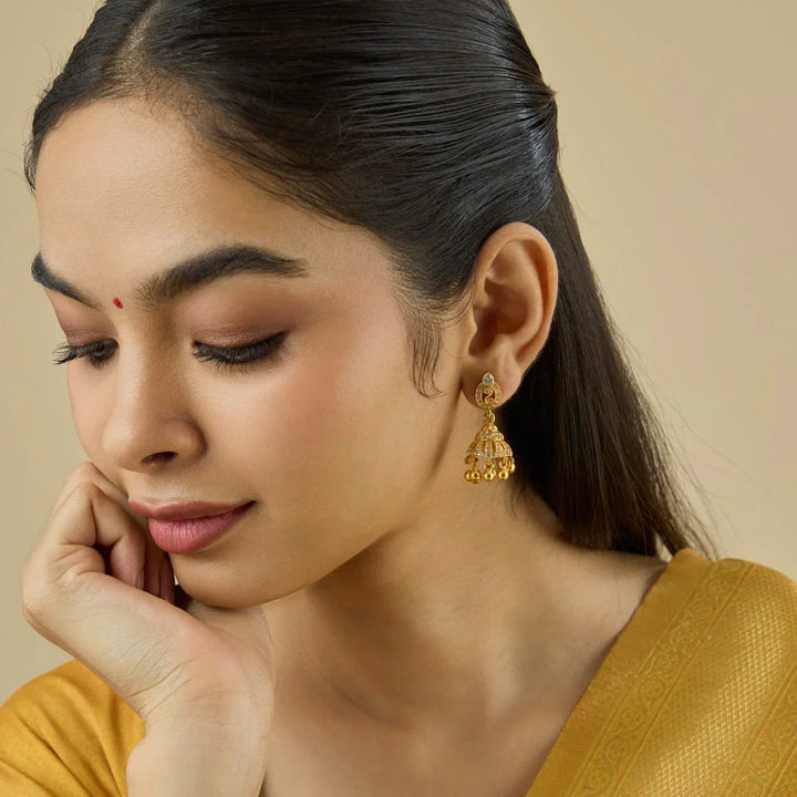 92.5 Pure Silver Temple Jhumkas With CZ Stone And Dangling Beads