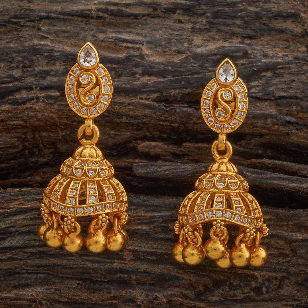 92.5 Pure Silver Temple Jhumkas With CZ Stone And Dangling Beads